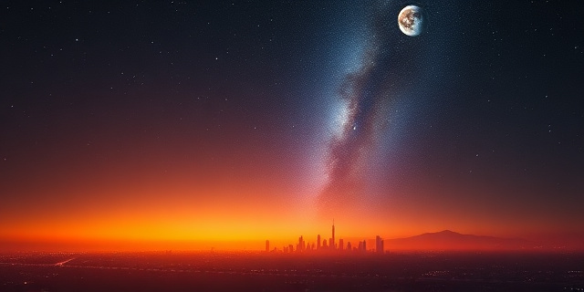 Una ilustración surrealista y cinematográfica de un cielo nocturno profundo y negro sin luna. En el horizonte, tres esferas planetarias brillantes alineadas en un arco dorado y azul. Abajo, la silueta de una ciudad moderna sumergida en una neblina naranja, contrastando con la pureza del cosmos. Estilo de arte digital detallado, con la Vía Láctea como una pincelada de luz blanca y púrpura cruzando el firmamento.