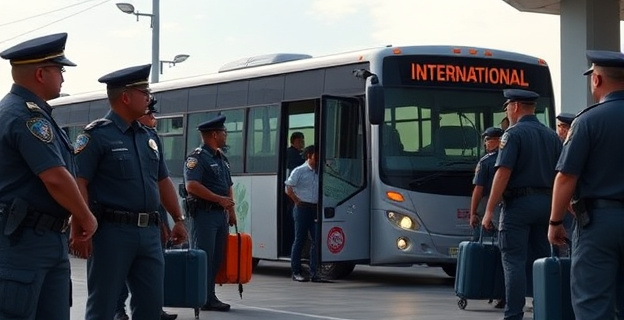 Una escena de un autobús internacional detenido en una estación de autobuses, con policías alrededor y personas indocumentadas bajando del vehículo con bolsas de viaje. La atmósfera es tensa y hay un clima de sospecha en el aire.