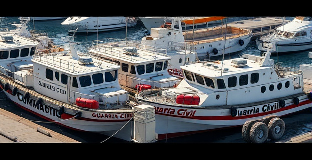 Barcos de la Guardia Civil en mal estado en el puerto, con señales de deterioro y mantenimiento precario, rodeados de equipamiento de seguridad y patrullas de guardia