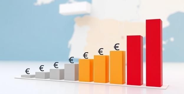 Ilustración de un gráfico de barras mostrando diferentes cantidades de dinero en euros asignadas a una fundación por varias administraciones públicas españolas. En el fondo, un mapa de España con diferentes regiones resaltadas.