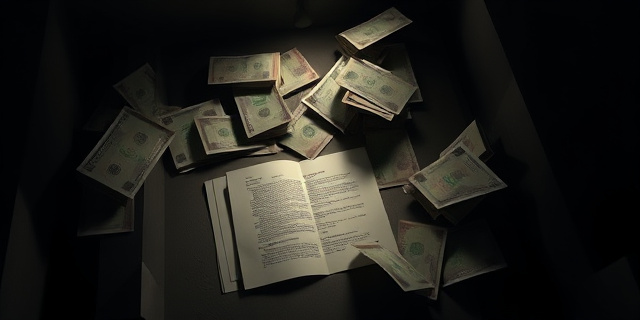 Una imagen abstracta que evoque un laberinto de papeles y billetes, con sombras que sugieran figuras humanas ocultas. Tonos oscuros y texturas rugosas, con un foco de luz tenue que ilumine un contrato con letras ilegibles. Estilo pictórico expresionista, que transmita tensión y desconfianza.