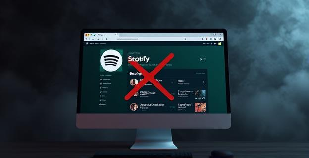 Una imagen de una pantalla de ordenador mostrando la página de Spotify con un icono de censura o una 'X' roja sobre las canciones del Dúo Dinámico en un fondo oscuro y sombrío