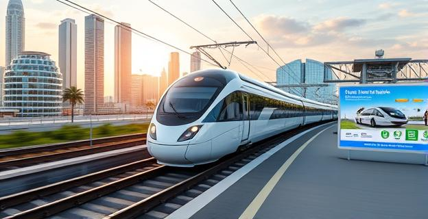 Imagen de un tren de alta velocidad circulando por una vía férrea moderna con un fondo de paisaje urbano futurista y anuncios publicitarios relacionados con transporte y movilidad sostenible