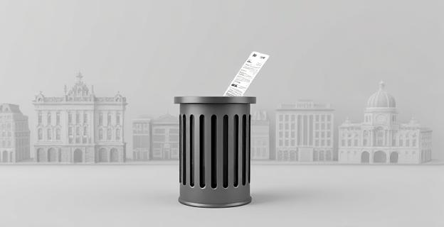 Imagen de un contenedor de basura con un recibo de pago al lado, sobre un fondo gris representando la ciudad de Madrid