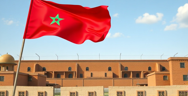 Una escena que representa la bandera de Marruecos ondeando en un fondo de prisiones vacías, con símbolos de libertad y reconciliación en el primer plano.