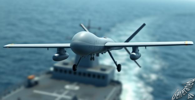 Un dron militar chino con motor a chorro despegando de la cubierta de un barco de guerra en el mar