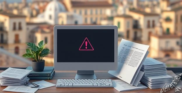 Una imagen de un ordenador con una pantalla de error, rodeado de documentos y papeles, con un fondo de una ciudad como Elche