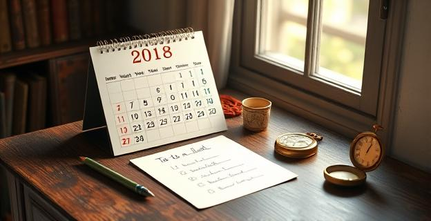 Una mesa de trabajo de madera antigua con un calendario de papel abierto que muestra un día de 1918, un lápiz, una lista de tareas escrita a mano con seis puntos, y un reloj de bolsillo de oro. La luz de la mañana entra por una ventana, iluminando la escena, sin personas presentes.