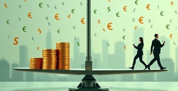 Una compleja balanza fiscal con una pila creciente de monedas de oro en un lado y figuras de empresas estilizadas y sombrías en el otro, bajo una lluvia de números y signos de euro que caen. El telón de fondo presenta un horizonte urbano abstracto y difuso, con tonos predominantes de verde y gris que evocan la burocracia y la presión financiera.
