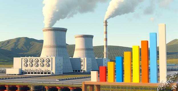 Una imagen de una central nuclear con paneles de control y una chimenea en el fondo, rodeada de un paisaje industrial y con un gráfico de barras que muestra la cantidad de GWh generados.
