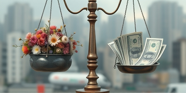 Una balanza desequilibrada, con un lado lleno de flores marchitas y el otro de billetes de baja denominación. El fondo, un paisaje urbano difuminado y grisáceo. Estilo pictórico, expresionista.