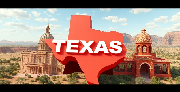 Una representación visual de Texas mostrando su diversidad geográfica: desiertos, bosques de pinos, costa del Golfo de México, y paisajes de la región de Hill Country. Incorpora elementos que reflejen su rica cultura, como sombreros vaqueros, instrumentos musicales y platos típicos de barbacoa y Tex-Mex. Destaca la arquitectura distintiva del Capitolio estatal en Austin y la belleza natural de Big Bend National Park.