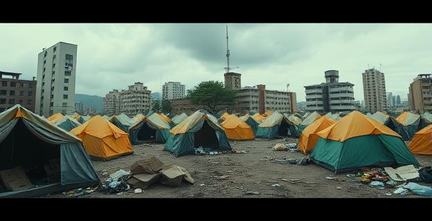 Un asentamiento ilegal de inmigrantes con tiendas de campaña y basura en una zona degradada de una ciudad, con una atmósfera de abandono y suciedad