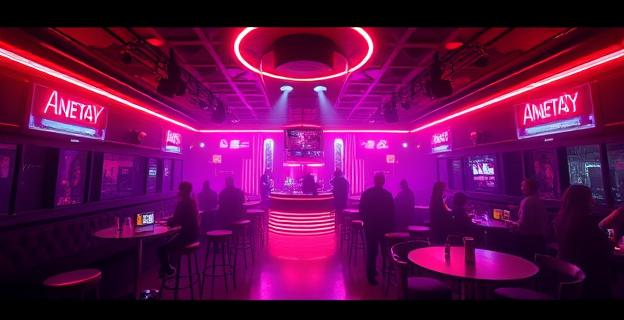 Imagen de una discoteca con luces de neón y ambiente de fiesta, sin personas ni nombres propios