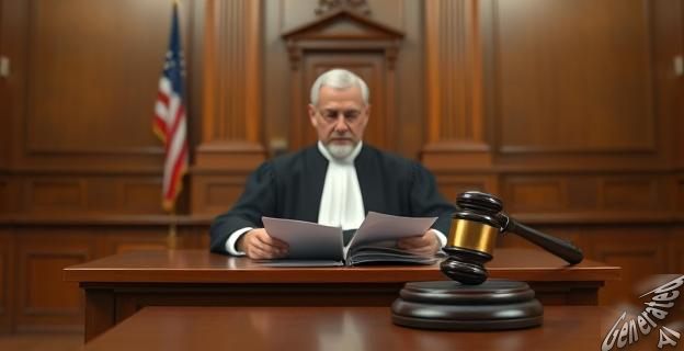 Un juez en una sala de audiencias con documentos y un martillo