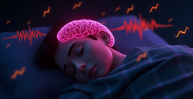 Una persona durmiendo con ondas cerebrales visibles y sonidos sutiles alrededor, representando la fase REM y la influencia de estímulos auditivos en los sueños