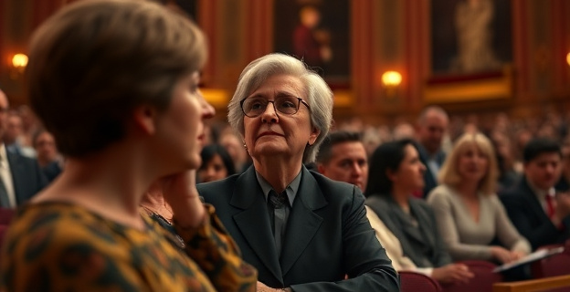 Una mujer política de alto rango en un concierto de música clásica con amigos en un auditorio lleno de gente disfrutando de la música, mientras que en el fondo se ve un titular de periódico con la noticia de una reunión política
