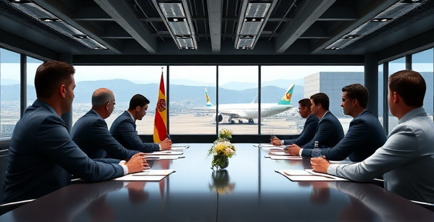 Imagen conceptual de una reunión tensa entre representantes del PNV y el Gobierno español, con un aeropuerto vasco de fondo