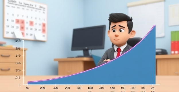 Una escena de oficina donde un empleado está sentado en su escritorio con una expresión de desánimo, mientras que al fondo se ve un calendario con días marcados como 