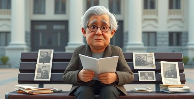 Una mujer mayor sentada en un banco con una expresión de tristeza, rodeada de documentos y fotografías antiguas, con un fondo de oficinas gubernamentales