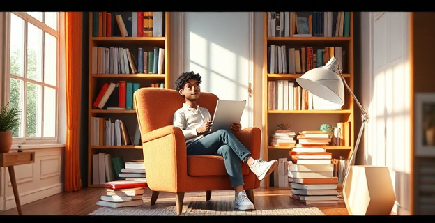 Una persona sentada en una silla, rodeada de libros y con un cuaderno en la mano, mirando por una ventana con luz natural, simbolizando reflexión y claridad mental.