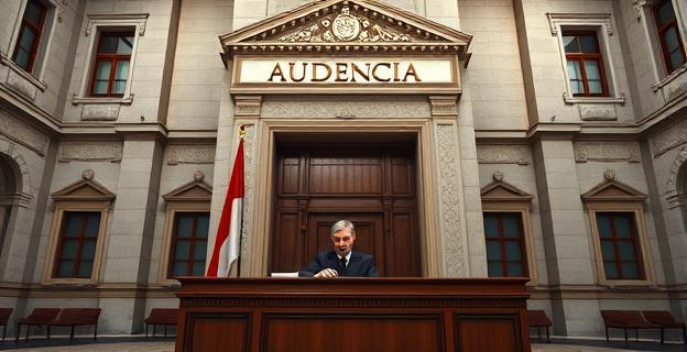 Edificio de la Audiencia Nacional en Madrid, con un ambiente serio y formal. Un juez sentado en su despacho revisando documentos relacionados con el caso del PSOE.