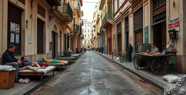 Imagen de una calle de Sant Antoni con personas durmiendo en la calle, venta ambulante y suciedad