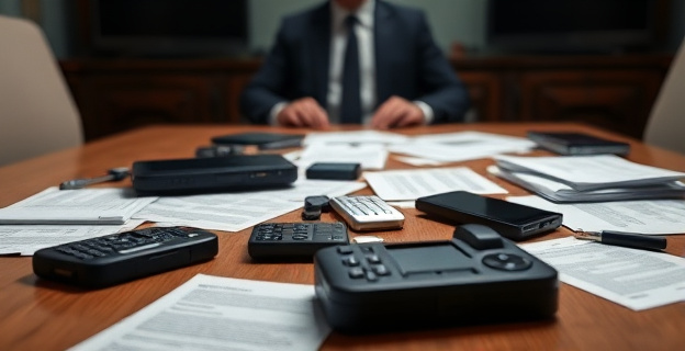 Una escena de investigación policial con dispositivos electrónicos y documentos esparcidos sobre una mesa, simbolizando la recopilación de pruebas por la UCO. Al fondo, una sombra de una figura política, representando la conexión entre la investigación y el PSOE.