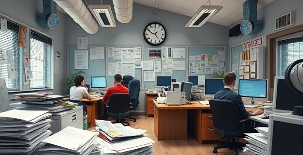 Oficina llena de papeles y formularios con personas trabajando en escritorios, con una atmósfera de carga administrativa excesiva, y un reloj en la pared marcando el tiempo perdido.