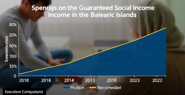 Un gráfico que muestra la evolución del gasto en la Renta Social Garantizada en las Islas Baleares entre 2018 y 2023, con un fondo de una imagen de una persona recibiendo una ayuda económica.