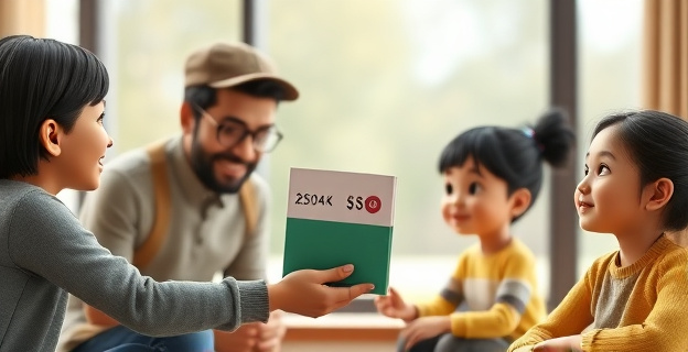 Una familia recibiendo una transferencia bancaria con una cantidad mensual para la crianza de sus hijos, en un ambiente de incertidumbre económica.