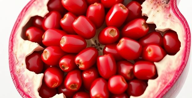 Imagen de una granada abierta mostrando sus semillas rojas y jugosas, con una parte de la corteza visible