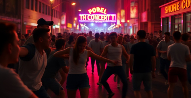 Una escena nocturna caótica con jóvenes peleando en una calle oscura, rodeados de gente asustada que intenta intervenir. Al fondo, luces de neón de un recinto de conciertos y figuras borrosas corriendo.
