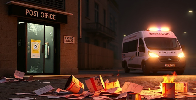 Una escena nocturna con una oficina de Correos vandalizada, con cristales rotos y una caja fuerte abierta. Al fondo, una furgoneta de la Guardia Civil con luces intermitentes. En primer plano, papeletas de voto esparcidas y quemadas.
