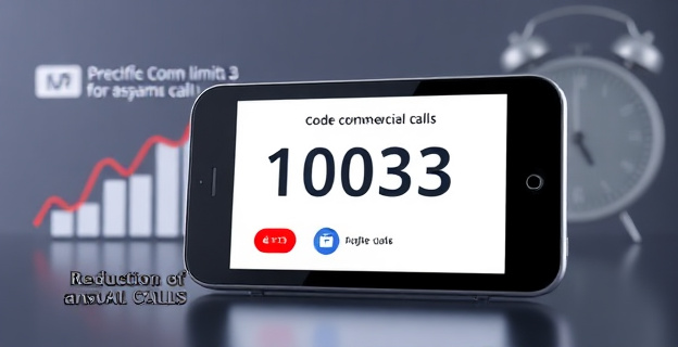 Una imagen de un teléfono con una pantalla que muestra un código numérico específico para identificar llamadas comerciales. Al fondo, un gráfico que representa la reducción de llamadas spam y un reloj que indica el límite de 3 minutos para atender llamadas.