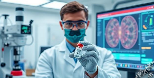 Una imagen de un científico en un laboratorio con una vacuna contra el cáncer en un frasco, rodeado de equipos de alta tecnología y una pantalla de computadora mostrando gráficos de inteligencia artificial.