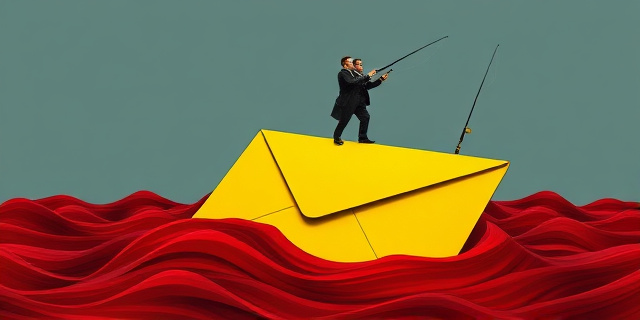 Una ilustración satírica de estilo editorial. Un sobre de correo gigante y amarillo que se está hundiendo en un mar de tinta roja, mientras en la parte superior, dos figuras elegantes con trajes caros pescan monedas de oro con cañas de pescar. Fondo minimalista, colores contrastados, aire de caricatura periodística sofisticada.