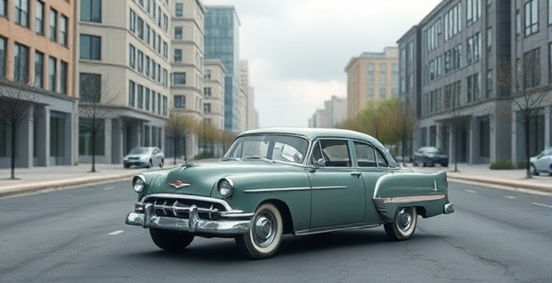 Un coche antiguo aparcado en una calle vacía, con un fondo de edificios modernos y un cielo gris, simbolizando el contraste entre el envejecimiento del parque automovilístico y el progreso económico