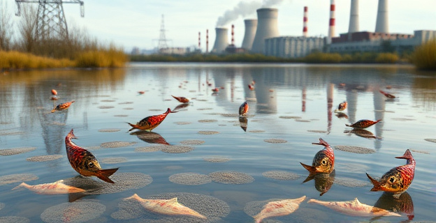 Una imagen de un río contaminado con mercurio, con peces muertos flotando en la superficie y una central eléctrica de carbón en el fondo.