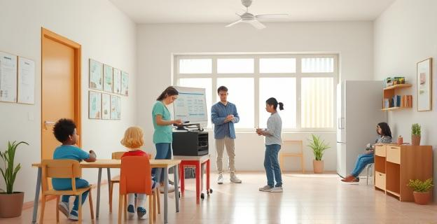 Imagen de un centro de acogida para menores extranjeros en Canarias con personal de apoyo y niños en un entorno seguro y educativo