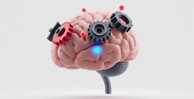 Una representación visual de un cerebro humano con elementos que simbolizan la carga cognitiva, como engranajes y luces, en un fondo neutro que destaca la complejidad del procesamiento mental
