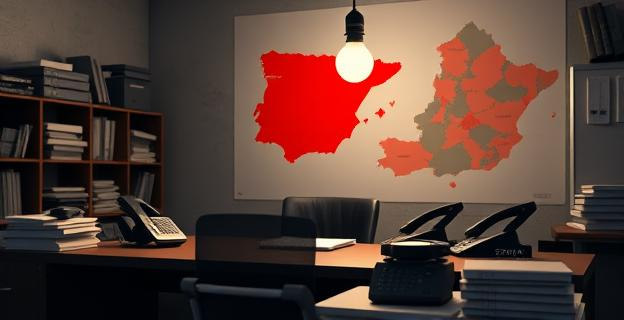 Una oficina desolada con archivos desordenados y teléfonos fijos, una única bombilla parpadeando sobre un escritorio vacío. Al fondo, un mapa de España con una zona de Cataluña resaltada en rojo intenso, simbolizando un aumento de la criminalidad, mientras que otras áreas se muestran en tonos más apagados. Elementos de vigilancia antiguos en el escritorio.
