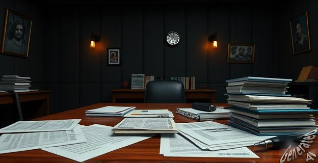 Imagen de una sala de investigación con documentos y dinero en efectivo sobre una mesa, con un ambiente de seriedad y sospecha