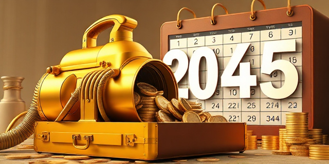 Una ilustración conceptual y satírica. Una aspiradora industrial dorada y elegante succionando monedas gigantes de un maletín de cuero caro, mientras el fondo es un calendario gigante que marca el año 2045. Estilo editorial de revista financiera, colores contrastados, atmósfera de ironía burocrática.