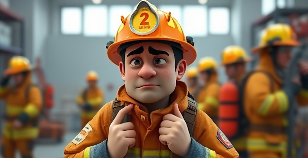 Imagen de un bombero con equipo de protección individual, con gesto de frustración o desacuerdo, en un entorno de trabajo con otros bomberos y bomberas en el fondo.