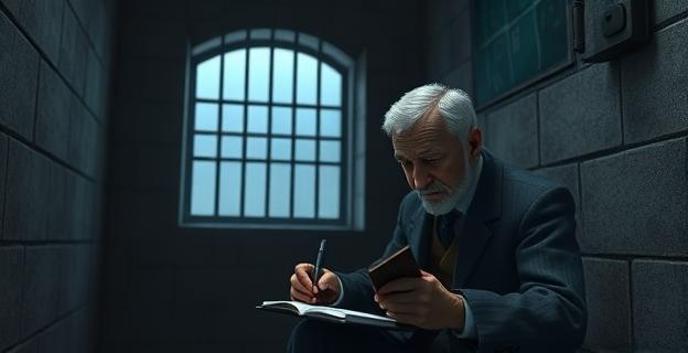 Una celda de prisión con un hombre mayor escribiendo en un cuaderno, con una ventana con barrotes al fondo y un ambiente frío