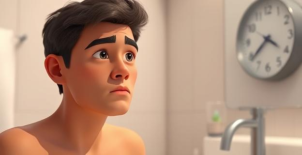 Imagen de una persona en un baño con expresión de concentración, con un vaso de agua en el fondo y un reloj en la pared marcando las horas. La escena muestra tranquilidad y conciencia sobre la salud urinaria.