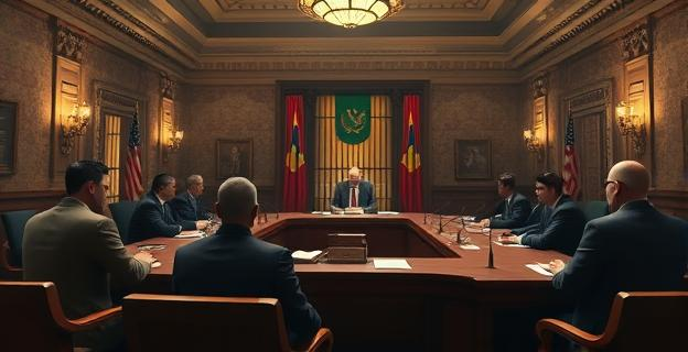 Imagen de un edificio gubernamental en crisis, con personas en un gabinete de crisis, y un ambiente de tensión y preocupación. Al fondo, una imagen de una prisión o una celda.