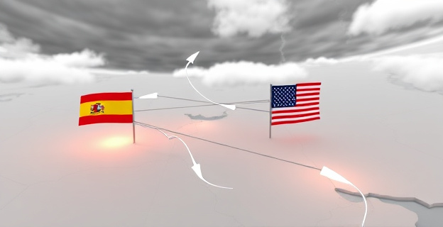 Un mapa iluminado del Oriente Medio sobre el que flotan banderas discretas de España y Estados Unidos, con líneas de conexión que simbolizan tensiones diplomáticas. Al fondo, un horizonte de nubes grises y relámpagos que reflejan la incertidumbre de la guerra. No se incluyen textos ni rostros, solo símbolos y colores que evocan la disputa entre soberanía y alianza.
