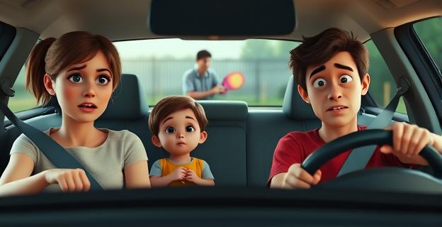 Una madre estresada con dos niños pequeños en un coche mientras otro adulto practica pádel al fondo